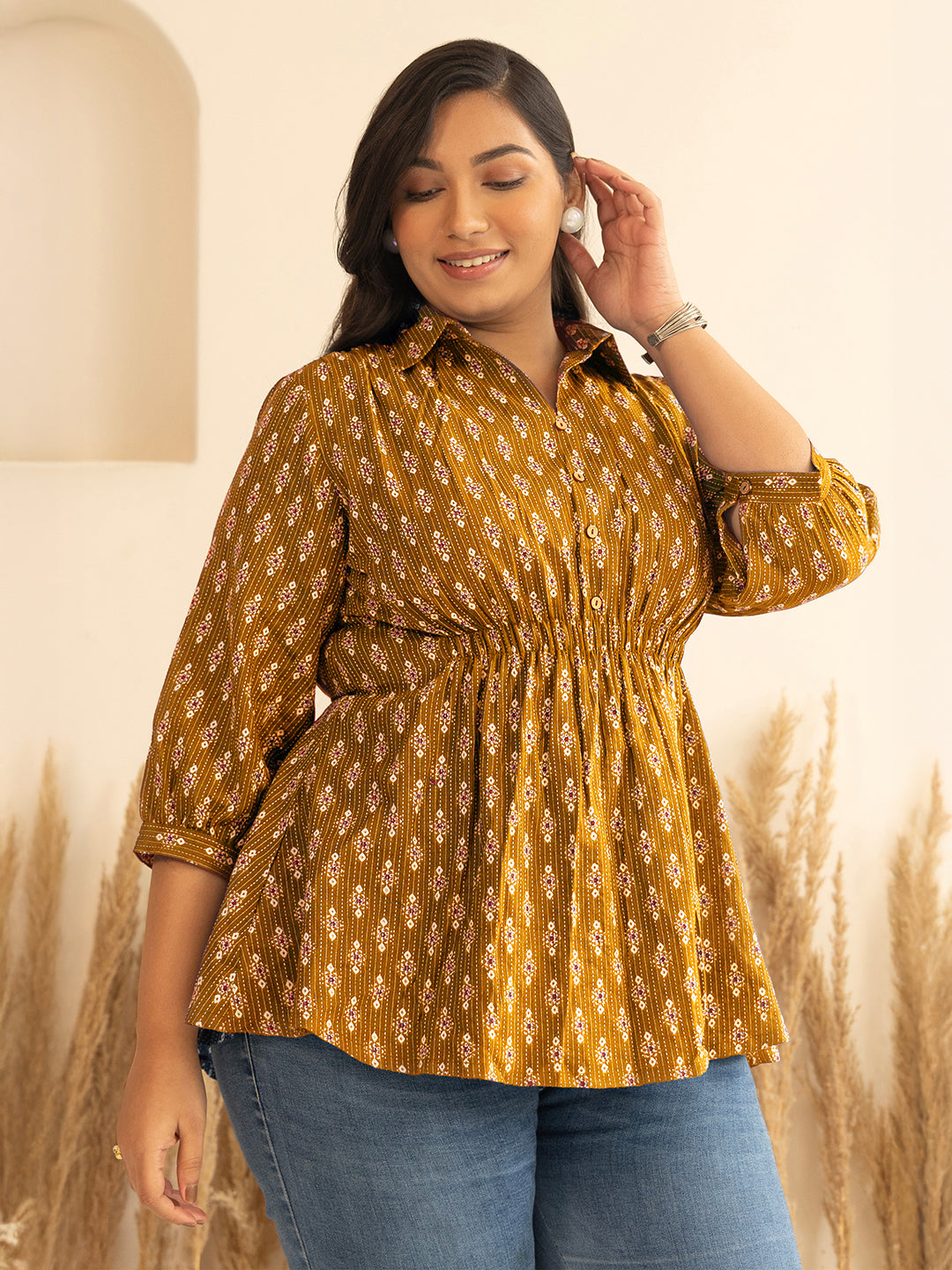 Janasya Mustard Peplum Cotton Top - Dista