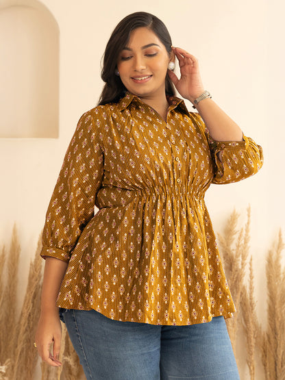 Janasya Mustard Peplum Cotton Top - Dista