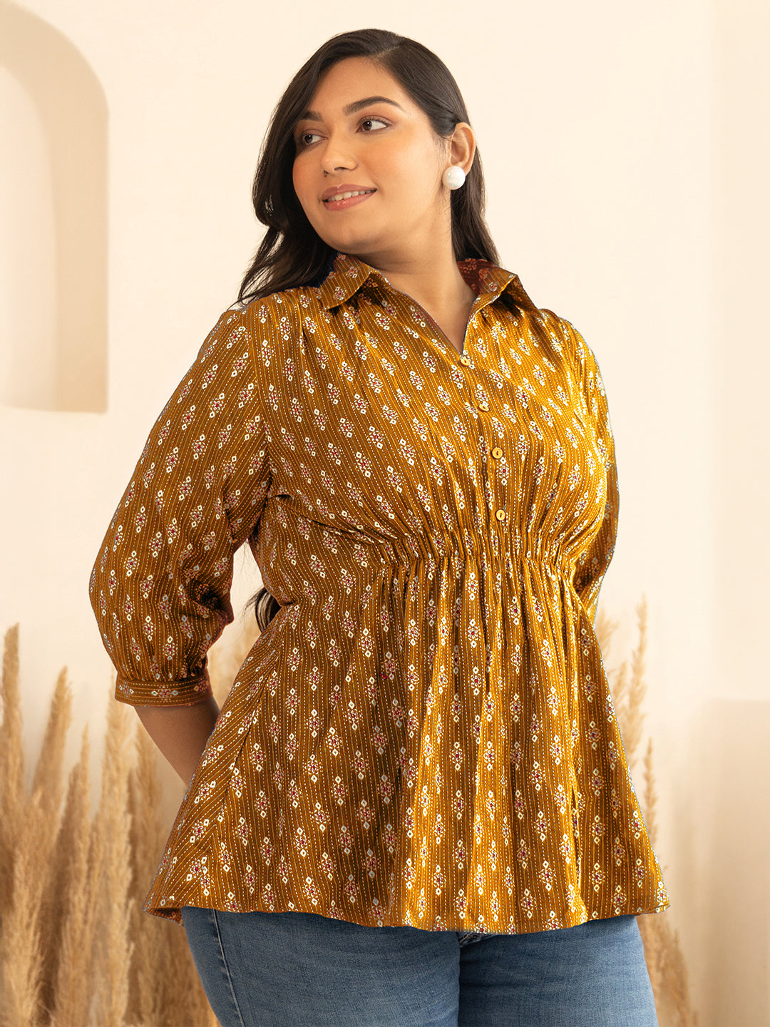 Janasya Mustard Peplum Cotton Top - Dista