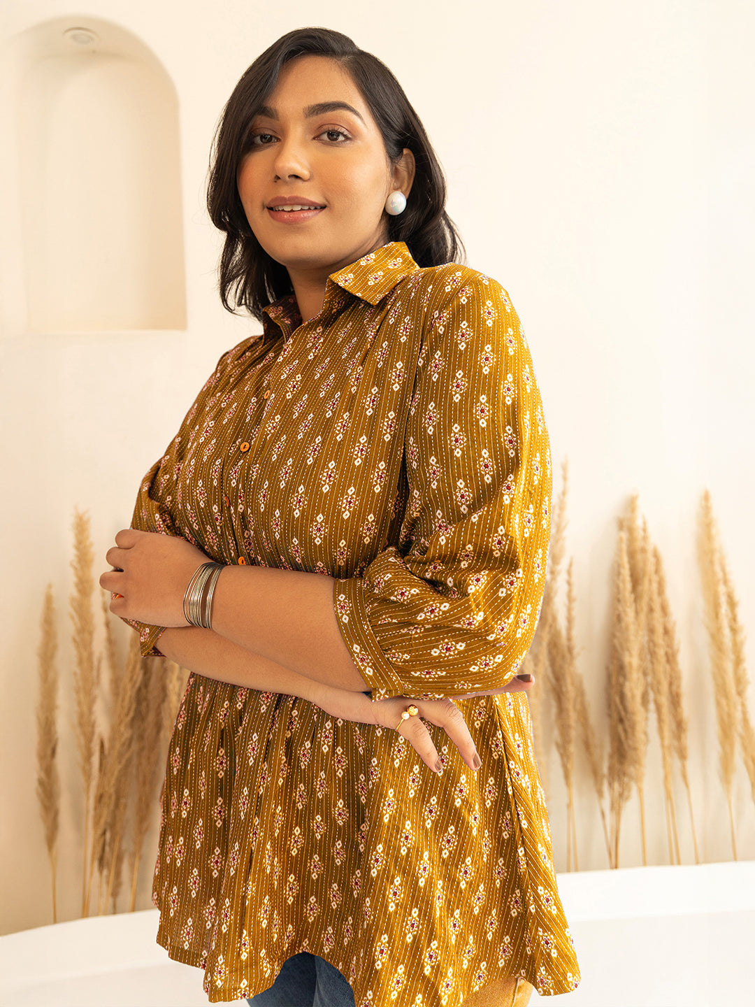 Janasya Mustard Peplum Cotton Top - Dista