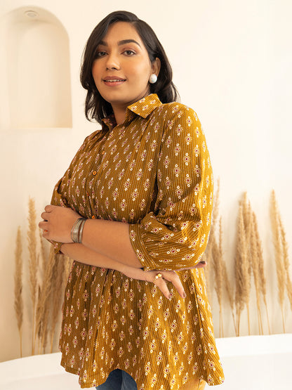 Janasya Mustard Peplum Cotton Top - Dista