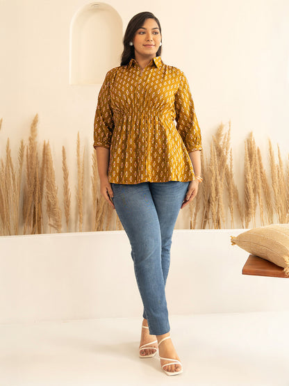 Janasya Mustard Peplum Cotton Top - Dista