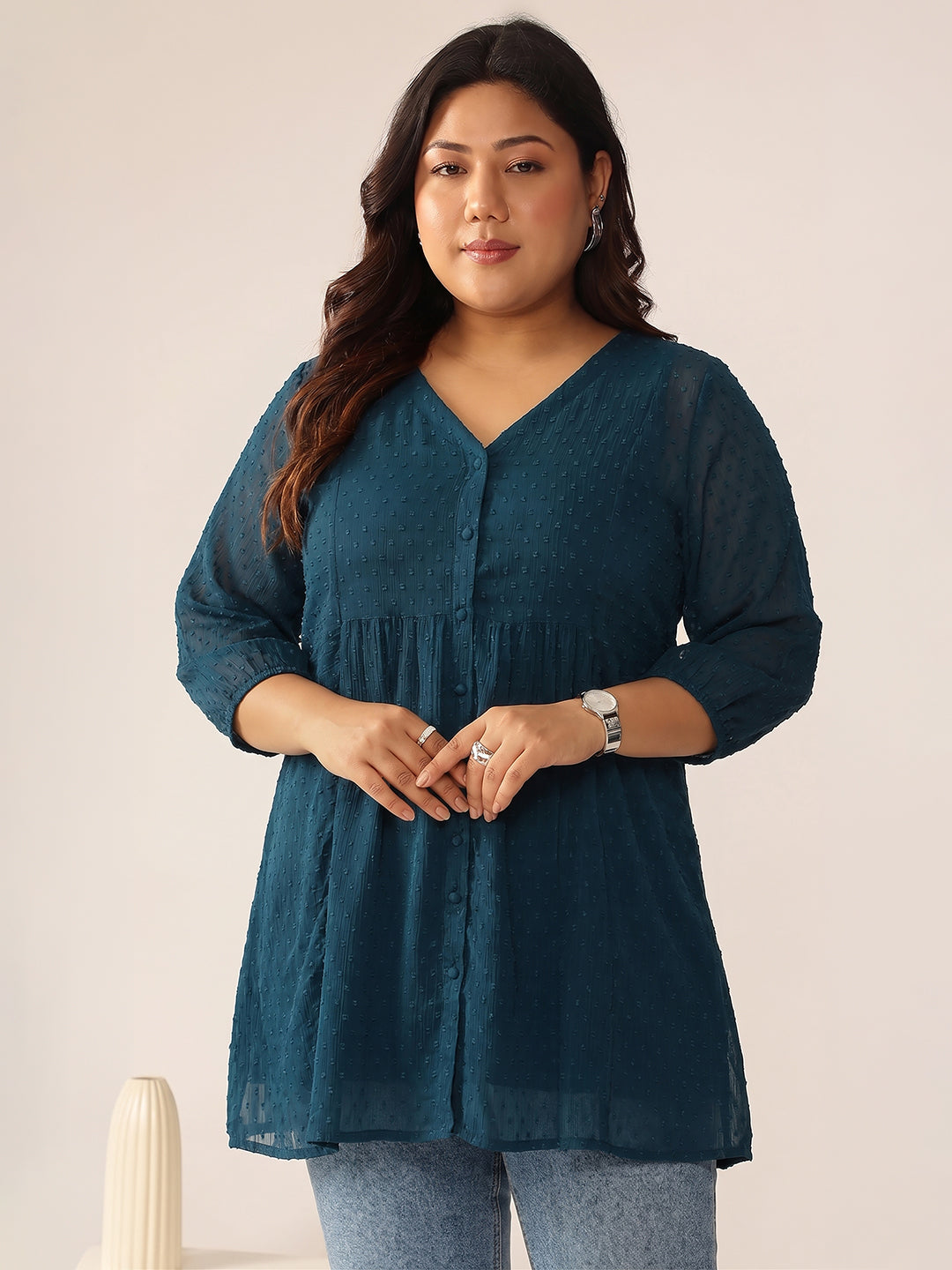 Janasya Teal A-Line Dobby Chiffon Tunic - Dista