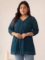 Thumbnail for Janasya Teal A-Line Dobby Chiffon Tunic - Dista