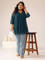 Thumbnail for Janasya Teal A-Line Dobby Chiffon Tunic - Dista