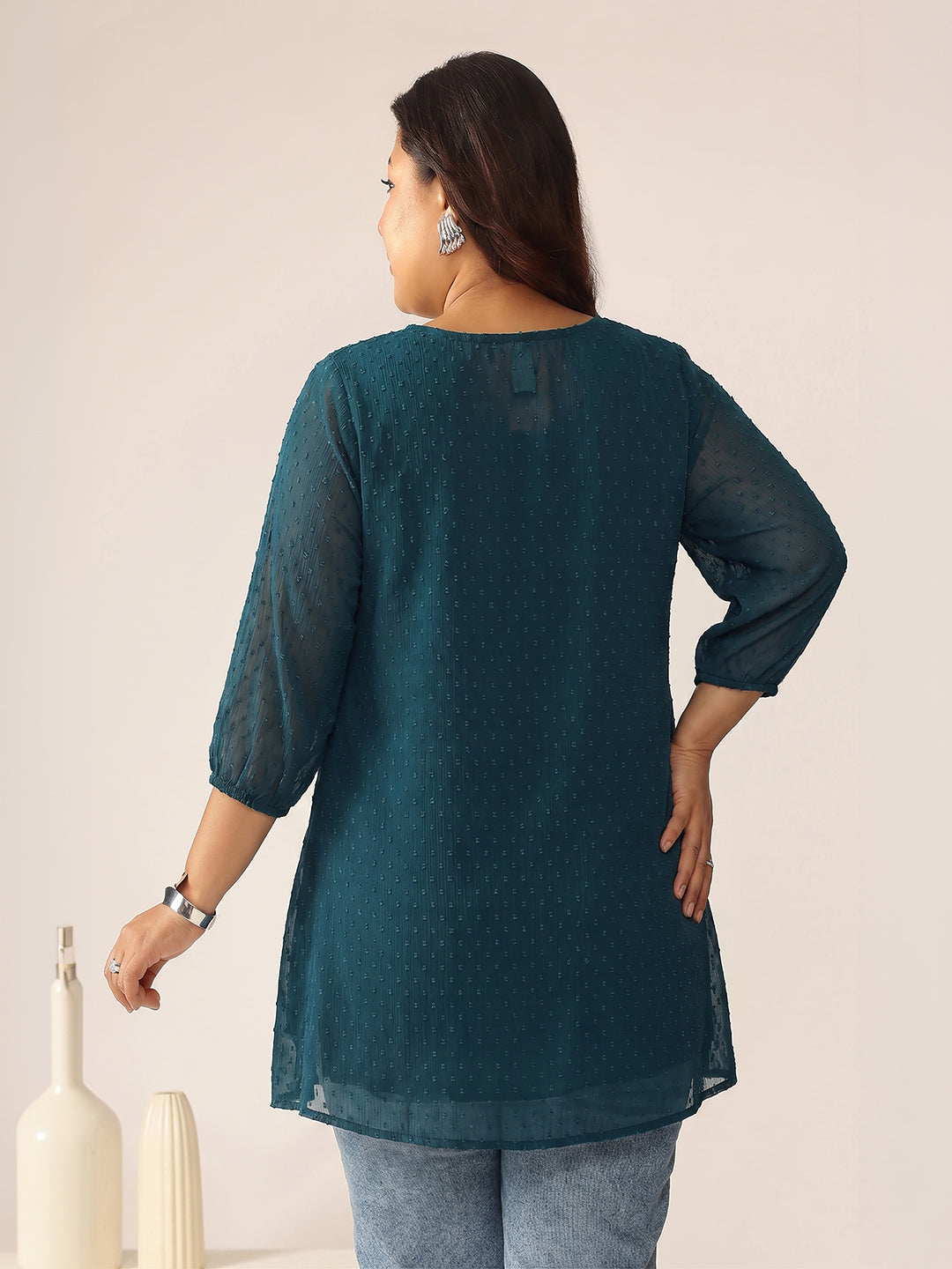 Janasya Teal A-Line Dobby Chiffon Tunic - Dista