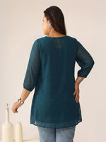 Thumbnail for Janasya Teal A-Line Dobby Chiffon Tunic - Dista