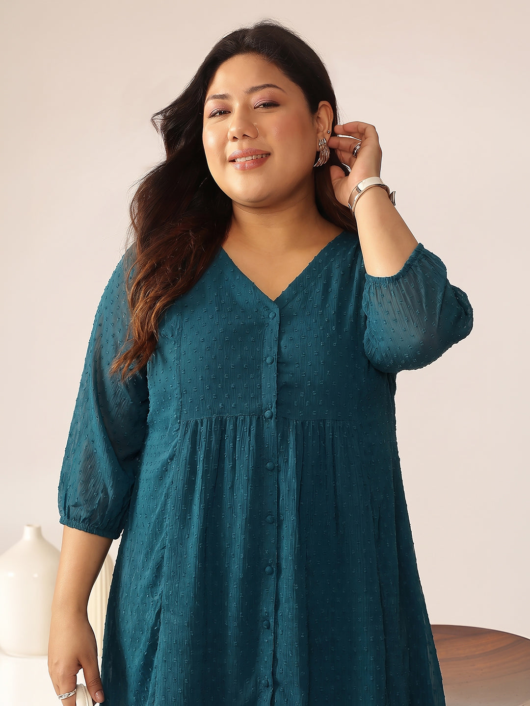 Janasya Teal A-Line Dobby Chiffon Tunic - Dista