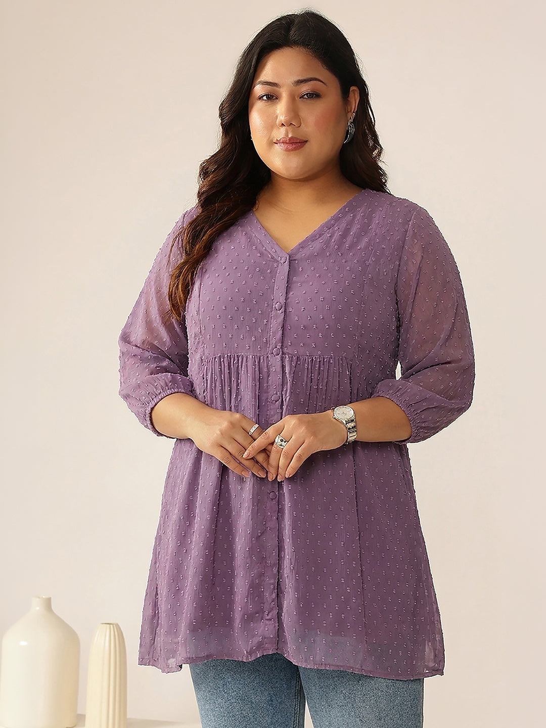 Janasya Lavender A-Line Dobby Chiffon Tunic - Dista