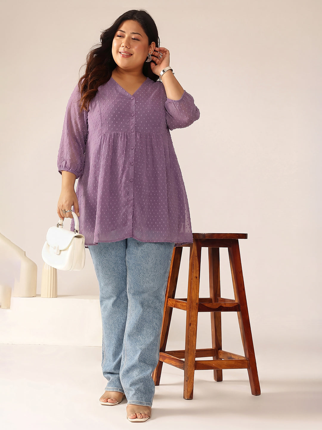 Janasya Lavender A-Line Dobby Chiffon Tunic - Dista