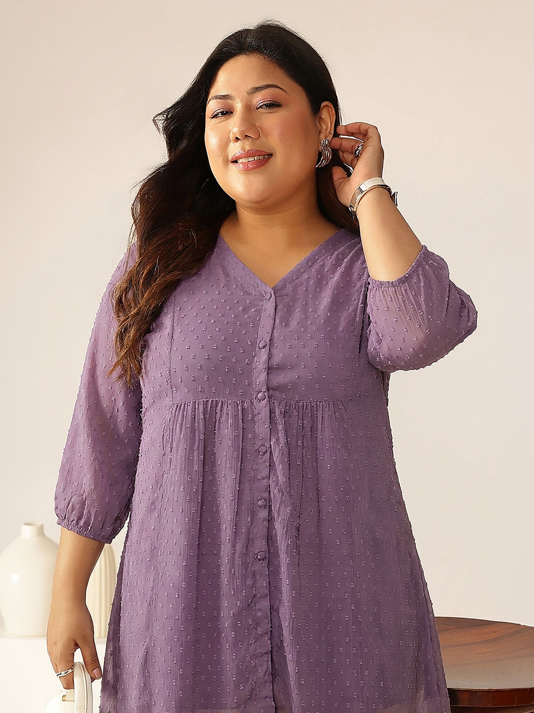 Janasya Lavender A-Line Dobby Chiffon Tunic - Dista
