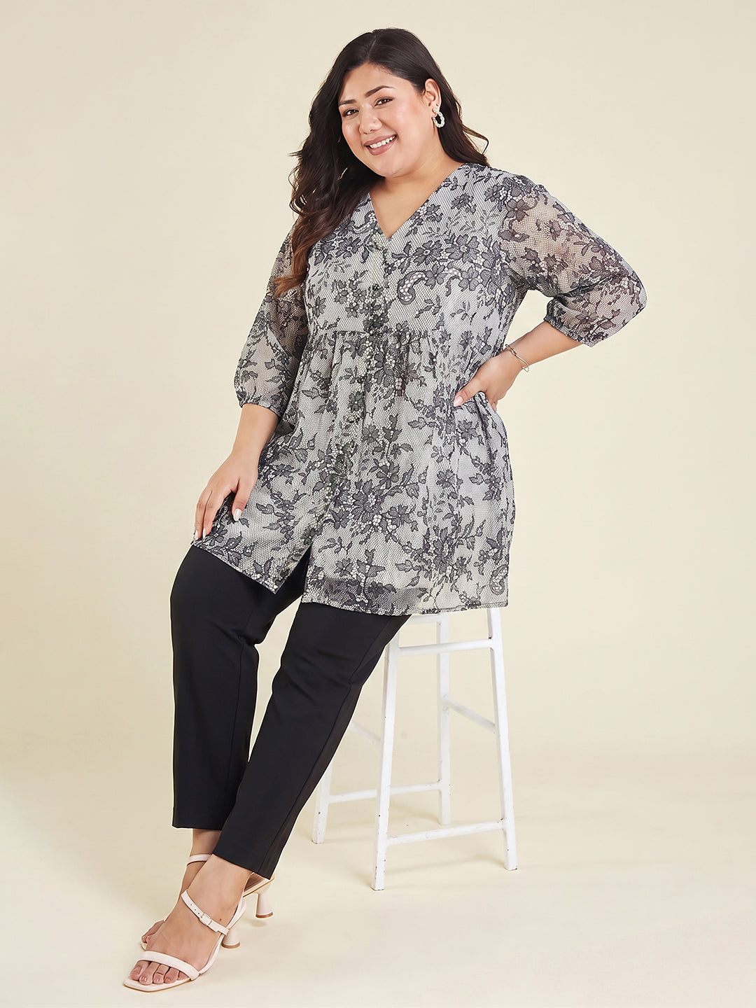 Janasya White A-Line Georgette Tunic - Dista