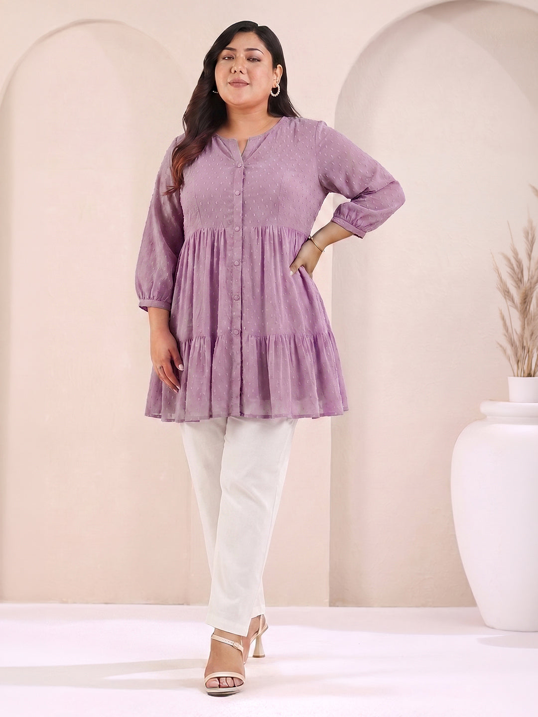 Janasya Lavender Tiered Dobby Chiffon Tunic - Dista