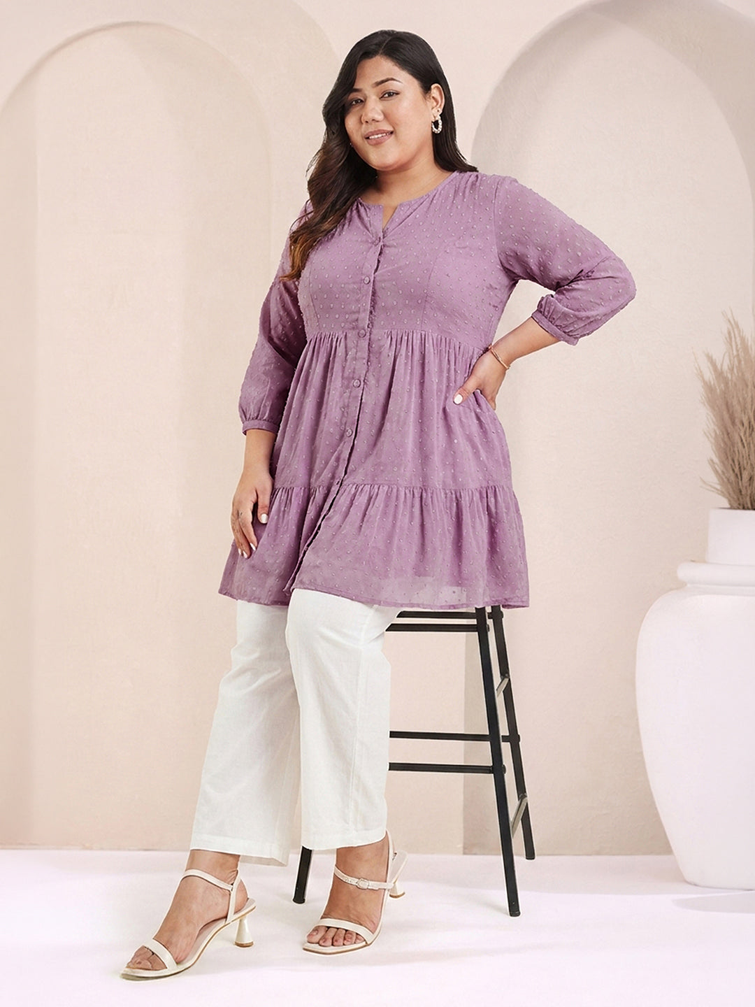 Janasya Lavender Tiered Dobby Chiffon Tunic - Dista