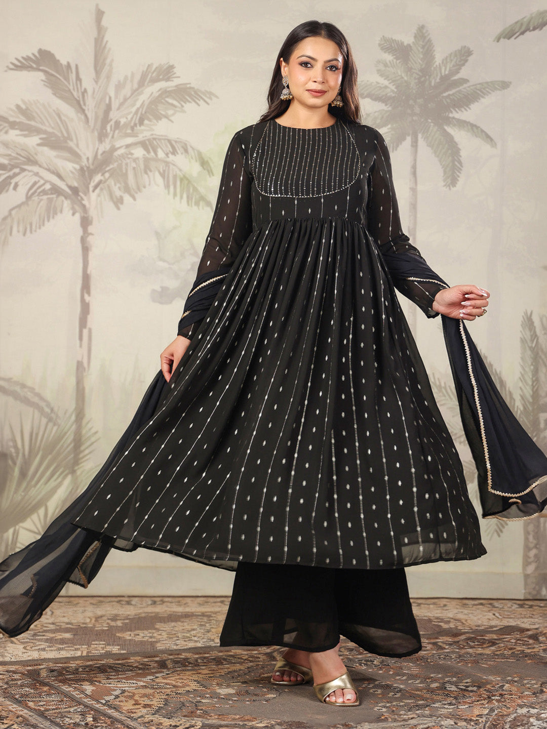 Janasya Dark Georgette Foil Print Anarkali Kurta Set