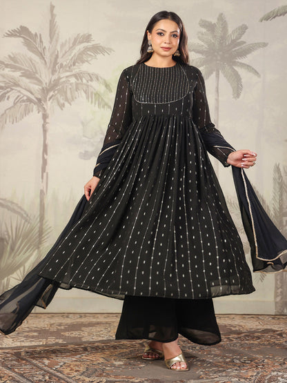 Janasya Dark Georgette Foil Print Anarkali Kurta Set - Distacart