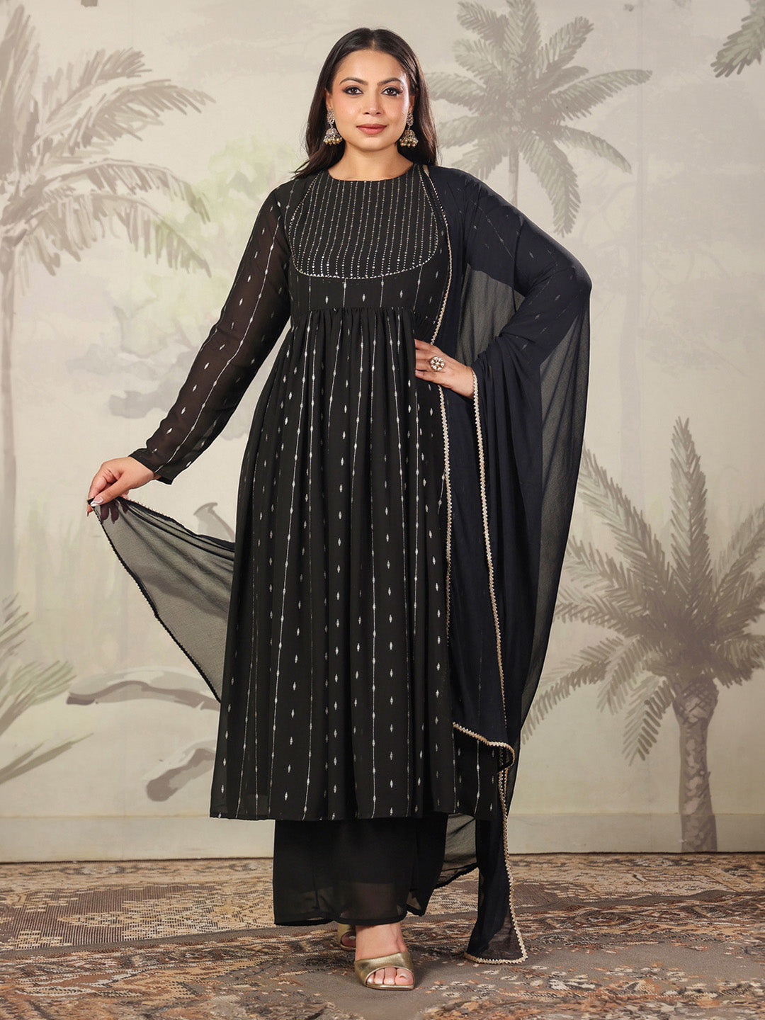 Janasya Dark Georgette Foil Print Anarkali Kurta Set