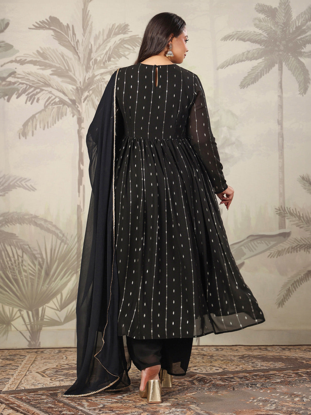 Janasya Dark Georgette Foil Print Anarkali Kurta Set