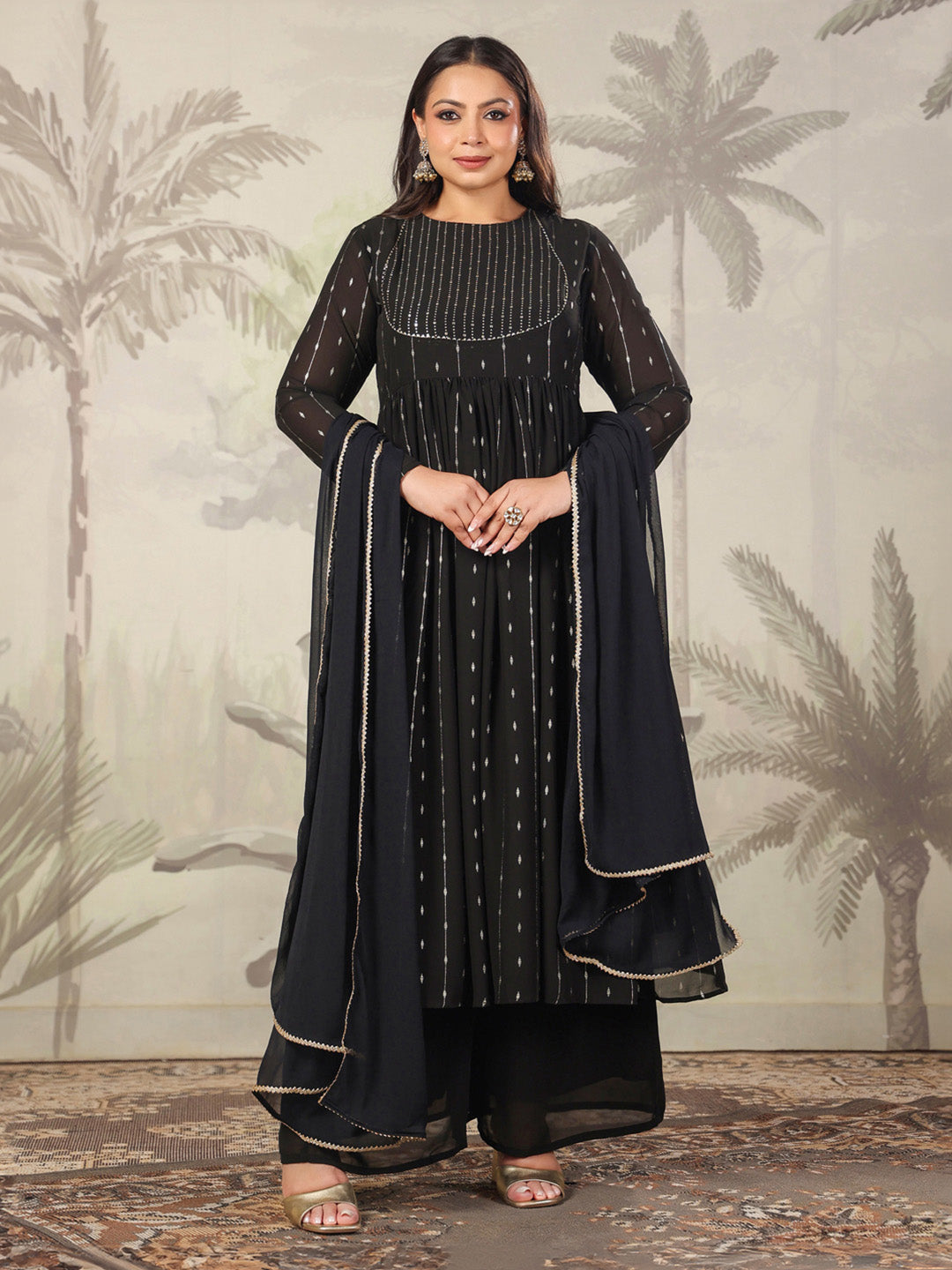 Janasya Dark Georgette Foil Print Anarkali Kurta Set