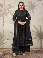 Thumbnail for Janasya Dark Georgette Foil Print Anarkali Kurta Set