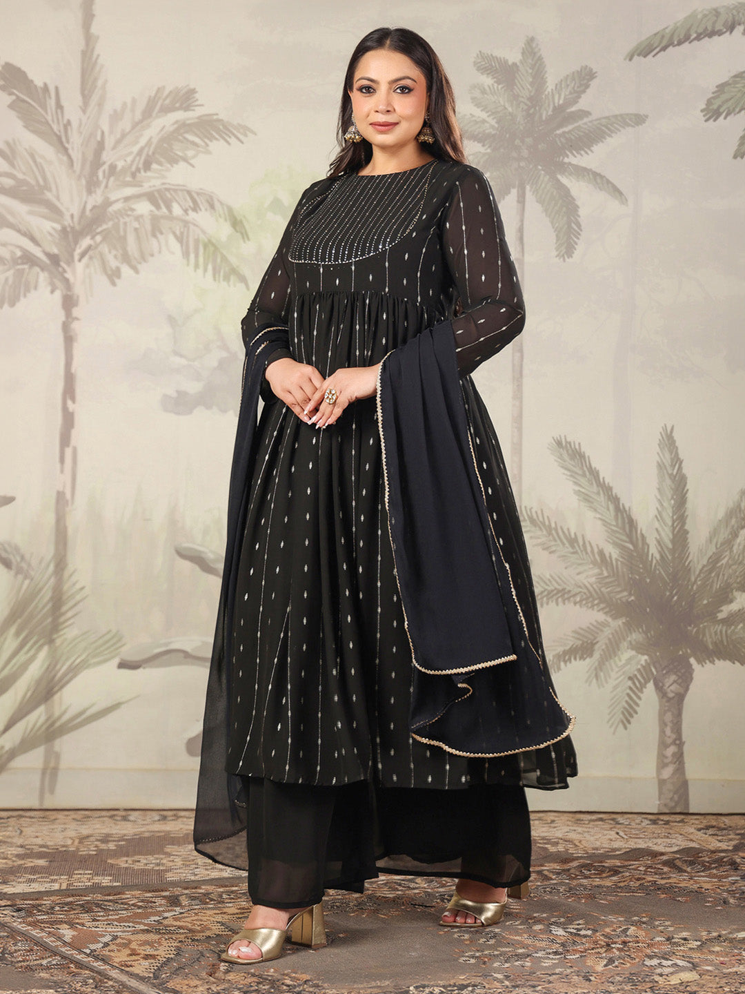 Janasya Dark Georgette Foil Print Anarkali Kurta Set