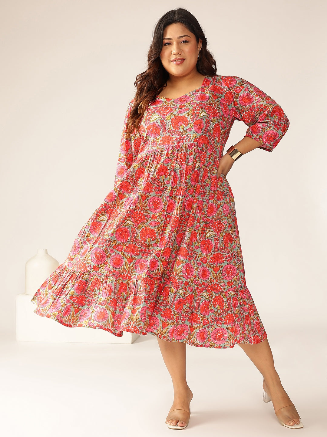 Janasya Bright Cotton Floral Flared Dress