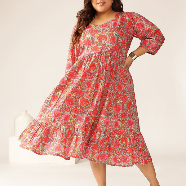 Janasya Bright Cotton Floral Flared Dress