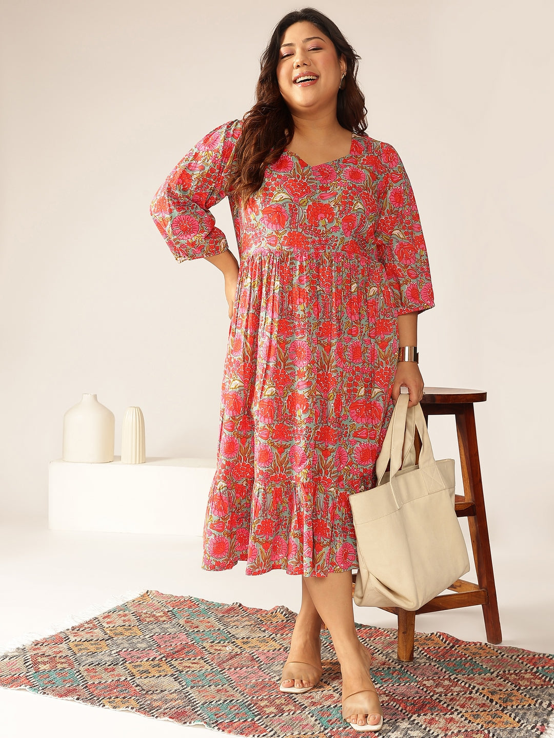Janasya Bright Cotton Floral Flared Dress