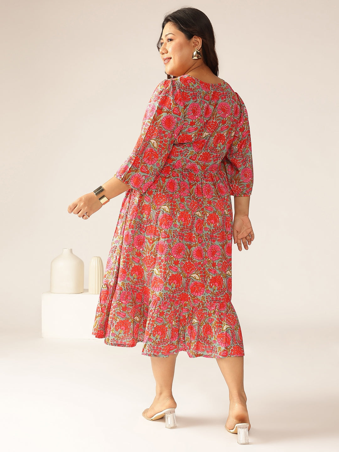 Janasya Bright Cotton Floral Flared Dress