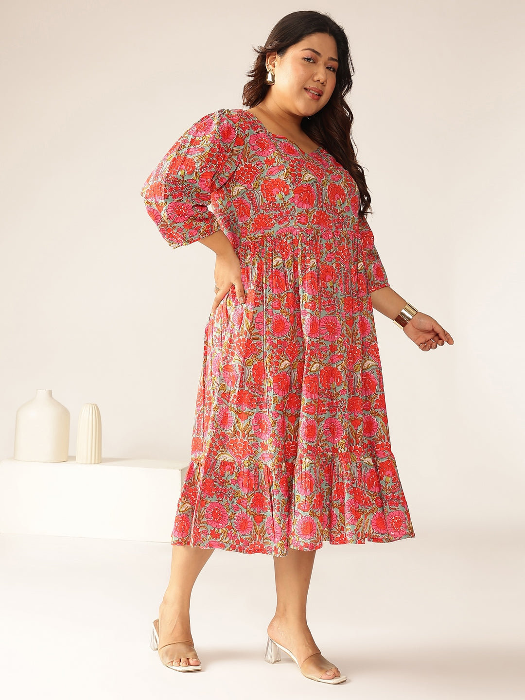 Janasya Bright Cotton Floral Flared Dress