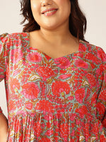 Thumbnail for Janasya Bright Cotton Floral Flared Dress