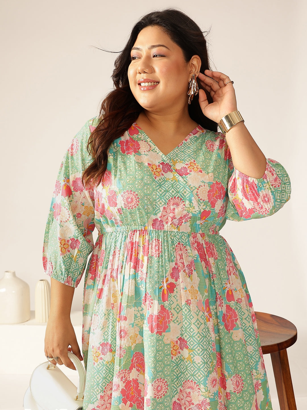 Janasya Bright Cotton Floral A-Line Dress