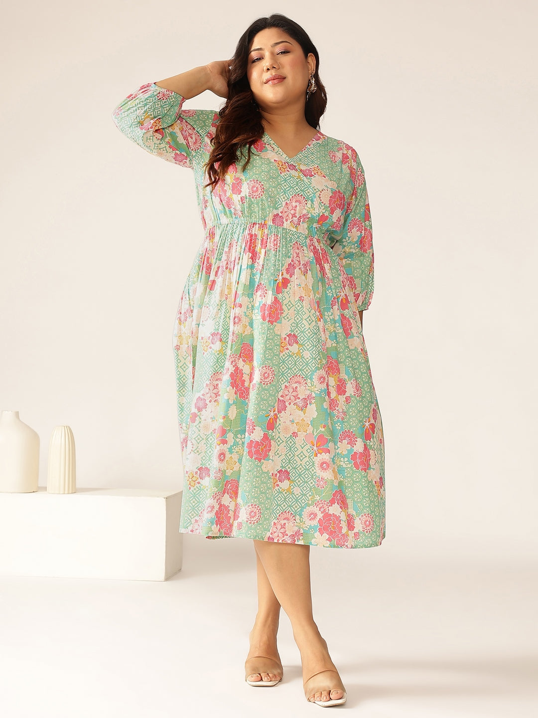 Janasya Bright Cotton Floral A-Line Dress