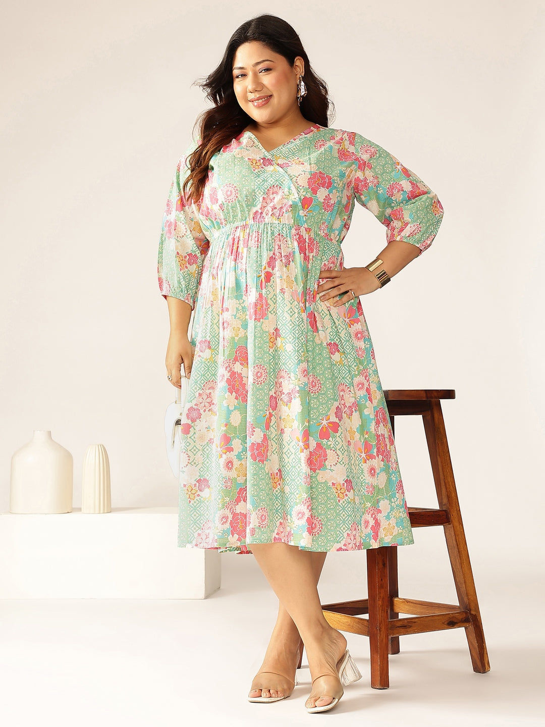Janasya Bright Cotton Floral A-Line Dress