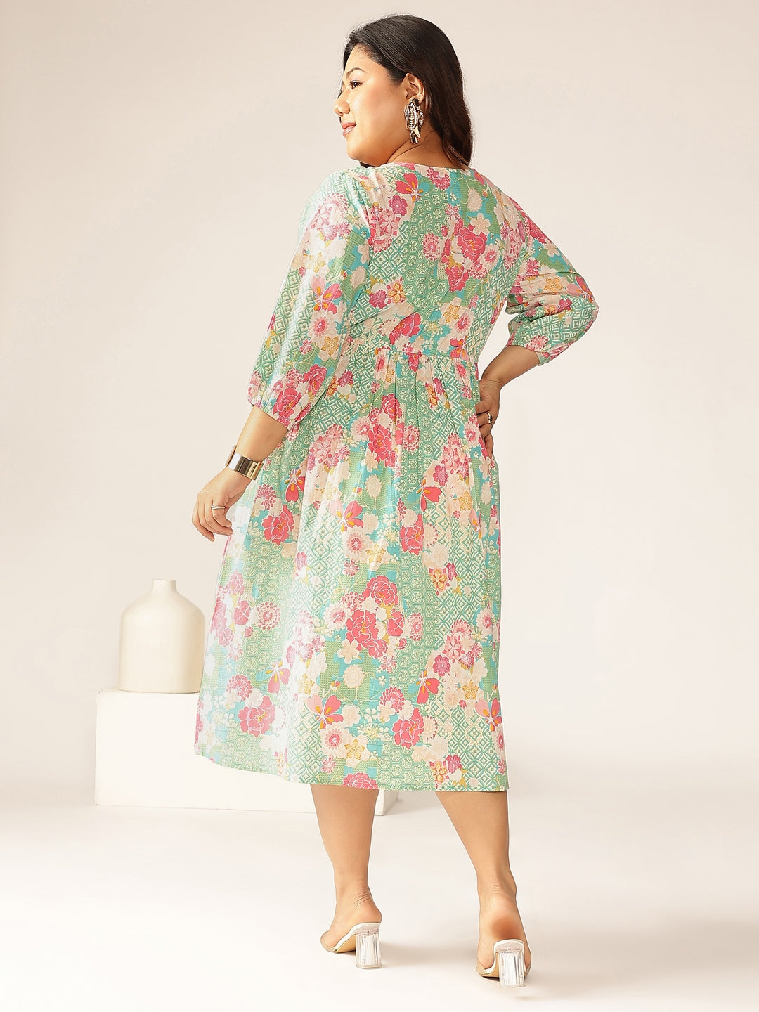 Janasya Bright Cotton Floral A-Line Dress