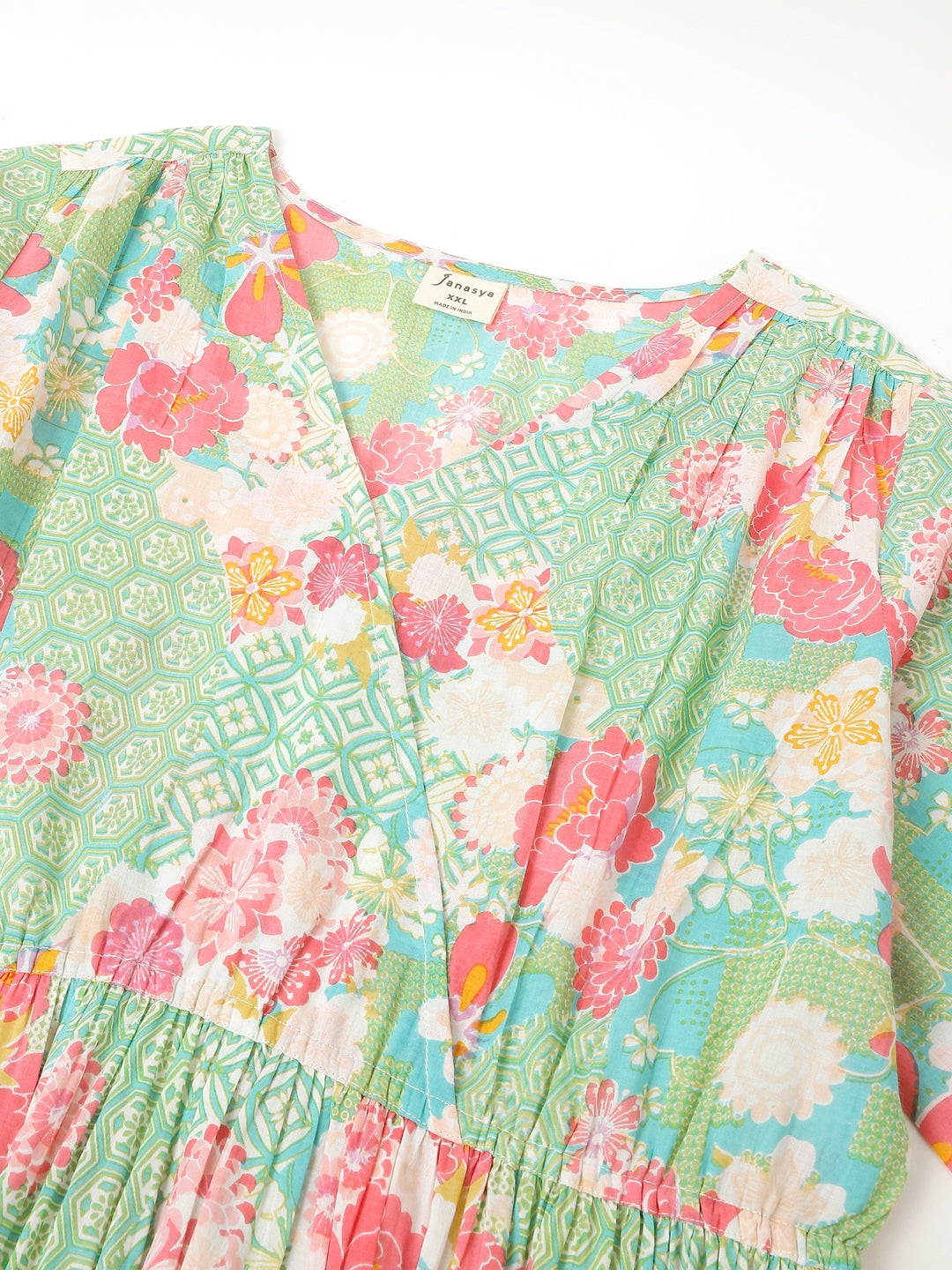 Janasya Bright Cotton Floral A-Line Dress