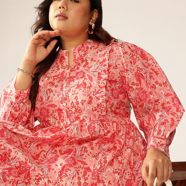 Janasya Bright Cotton Floral A-Line Dress