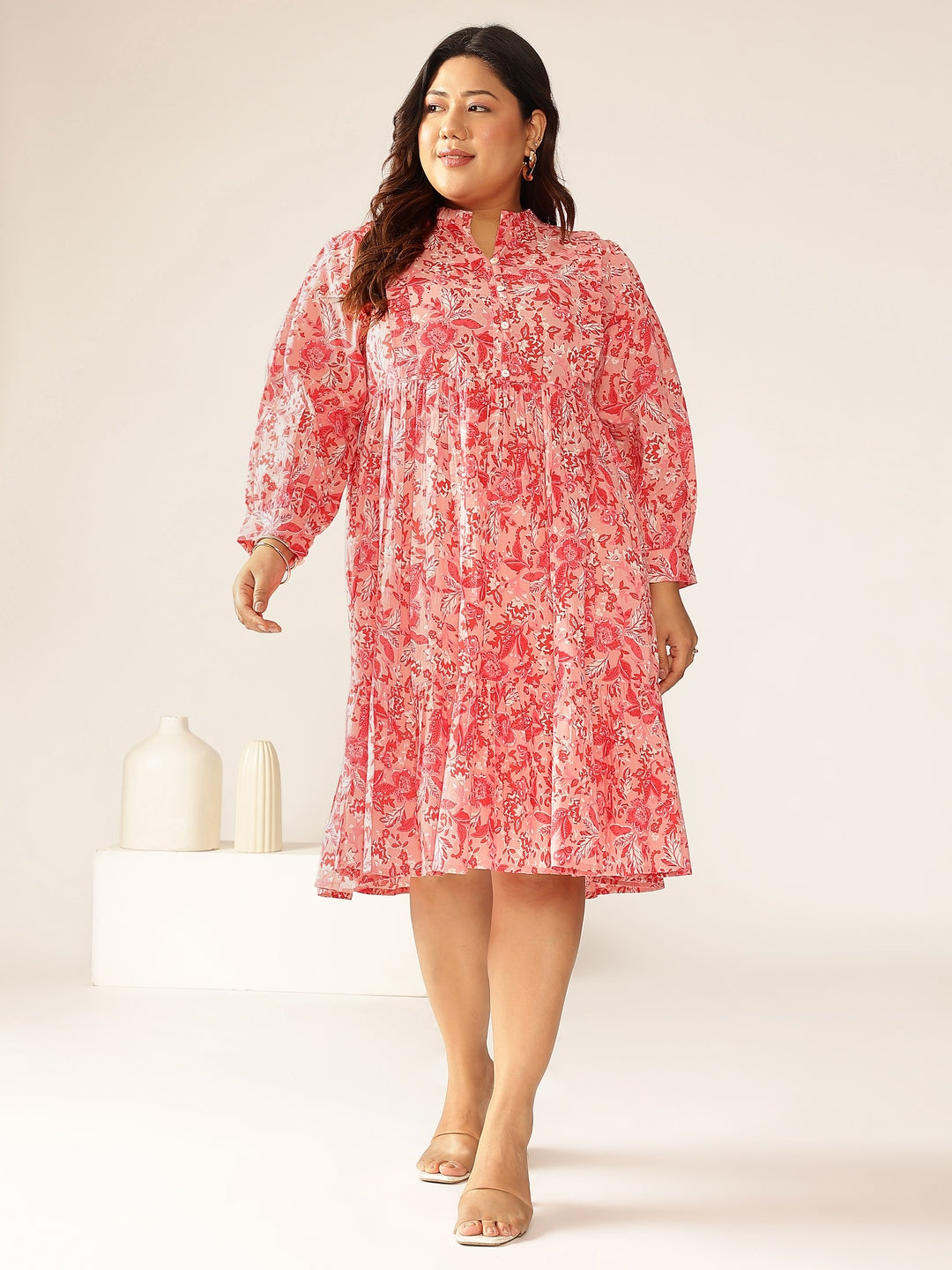 Janasya Bright Cotton Floral A-Line Dress