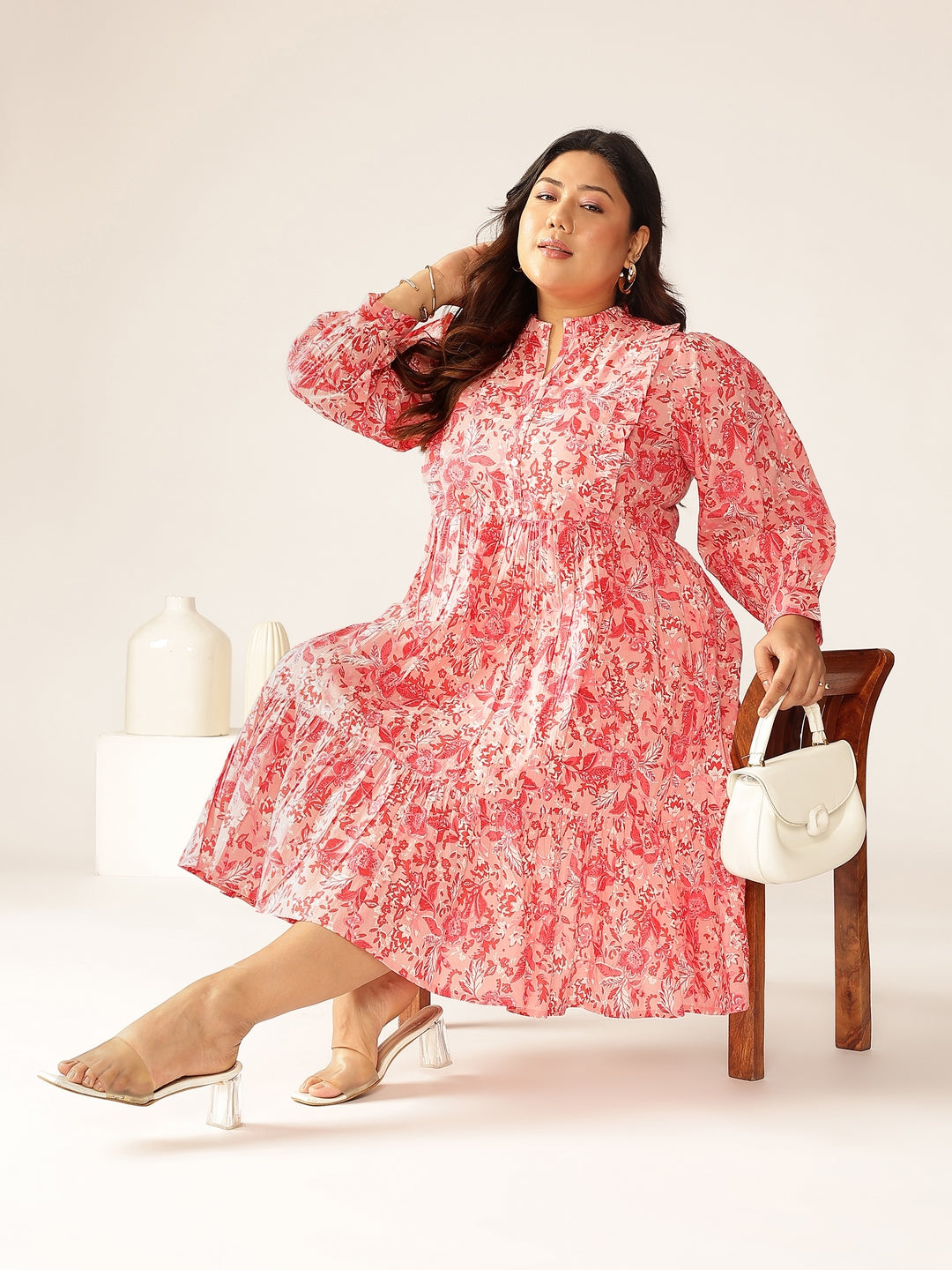 Janasya Bright Cotton Floral A-Line Dress