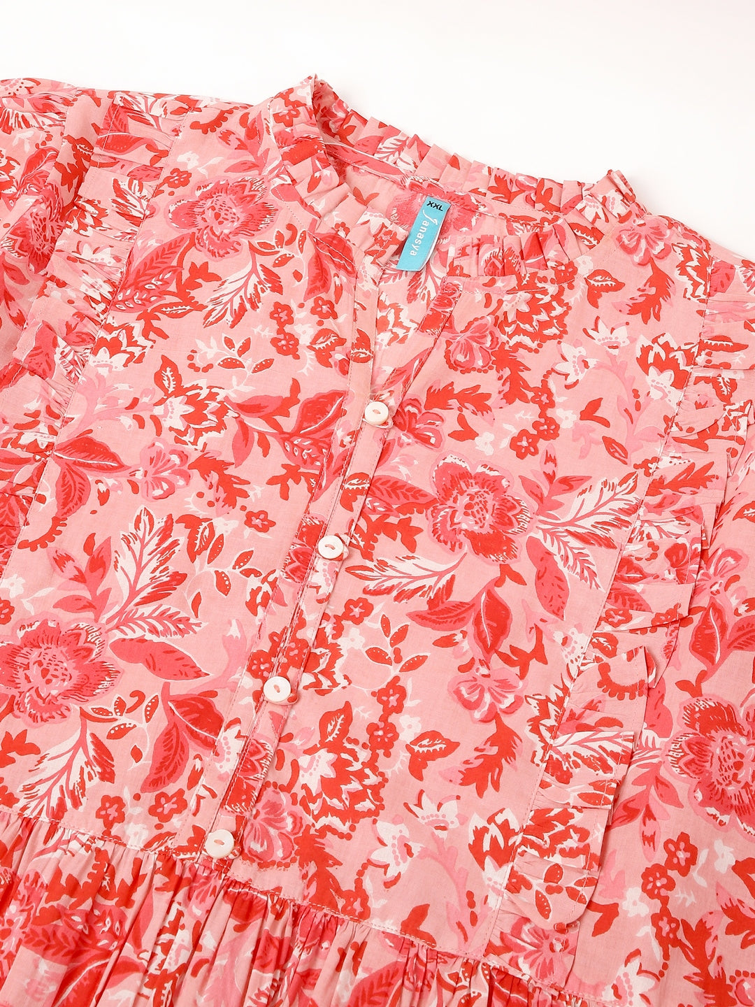 Janasya Bright Cotton Floral A-Line Dress