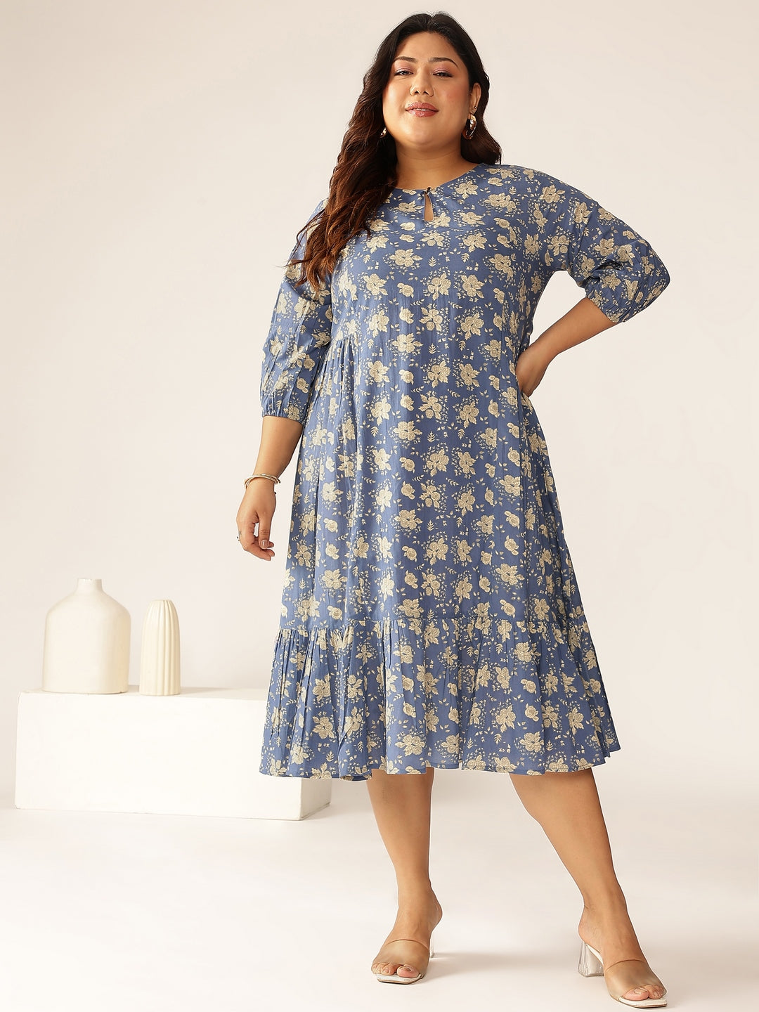 Janasya Bright Cotton Floral Fit & Flare Dress