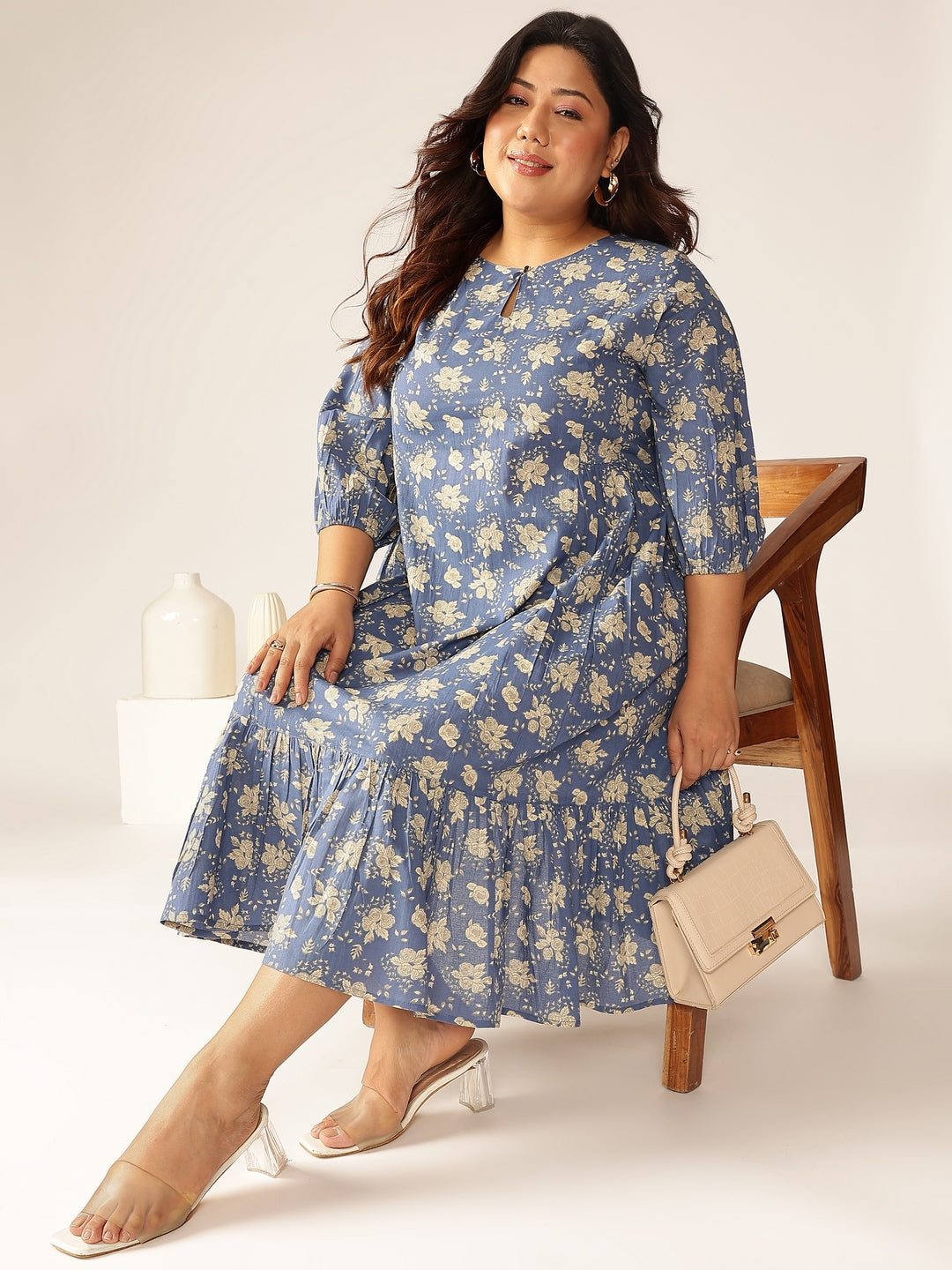 Janasya Bright Cotton Floral Fit & Flare Dress