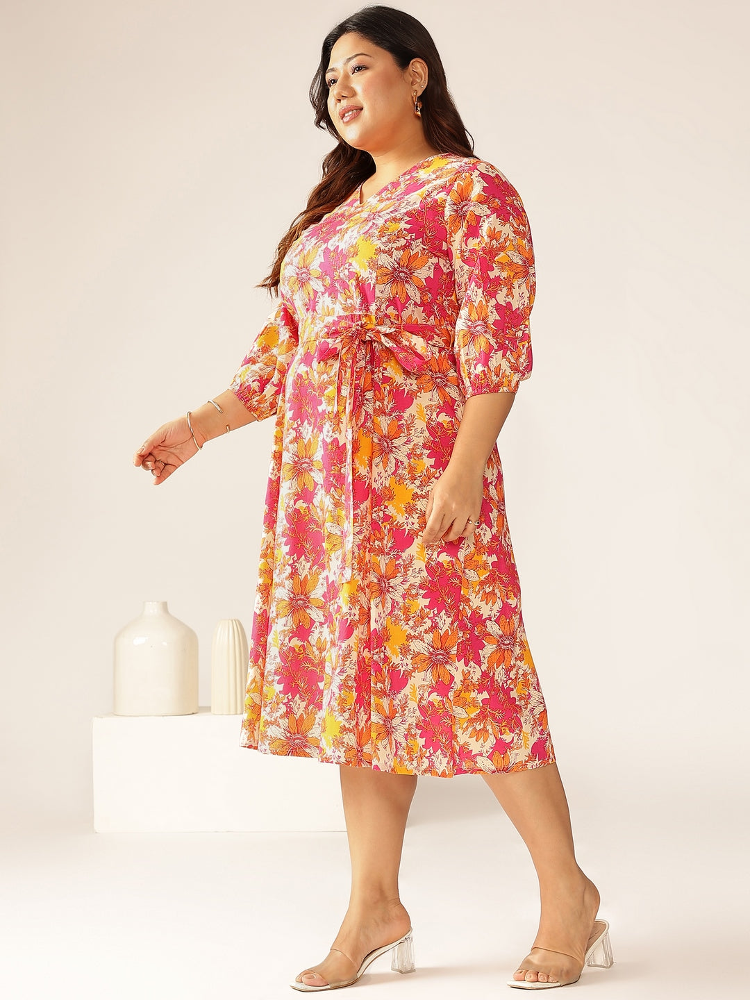 Janasya Bright Cotton Floral A-Line Dress