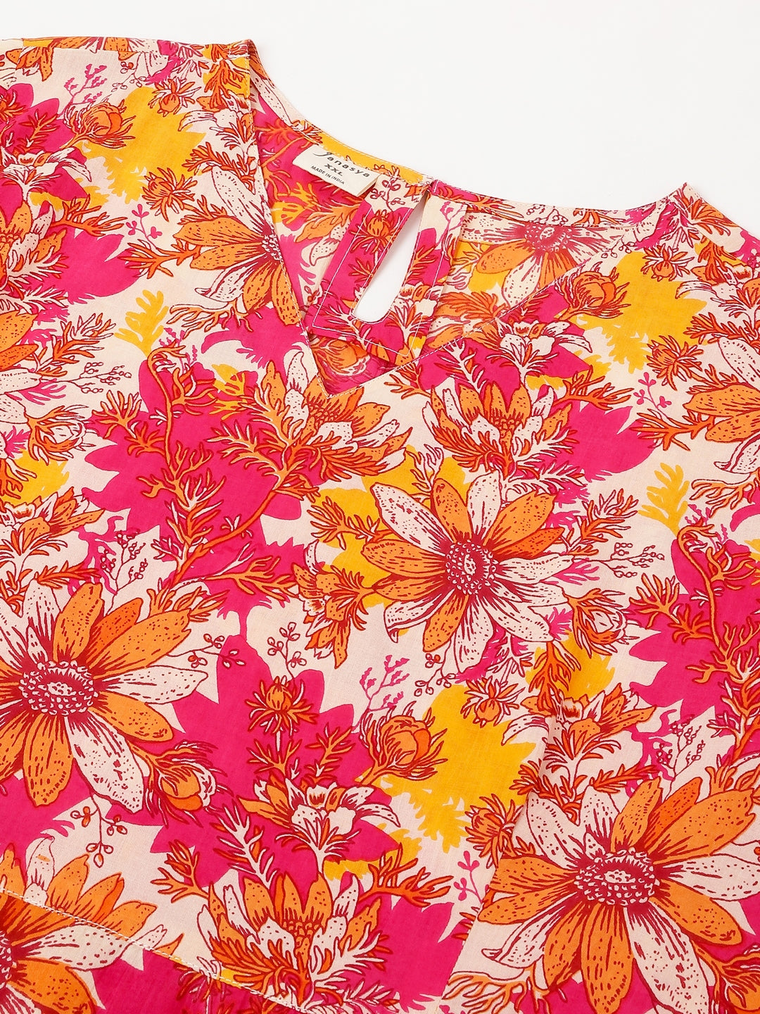 Janasya Bright Cotton Floral A-Line Dress