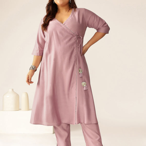 Janasya Light Silk Blend Solid Angrakha Kurta Set