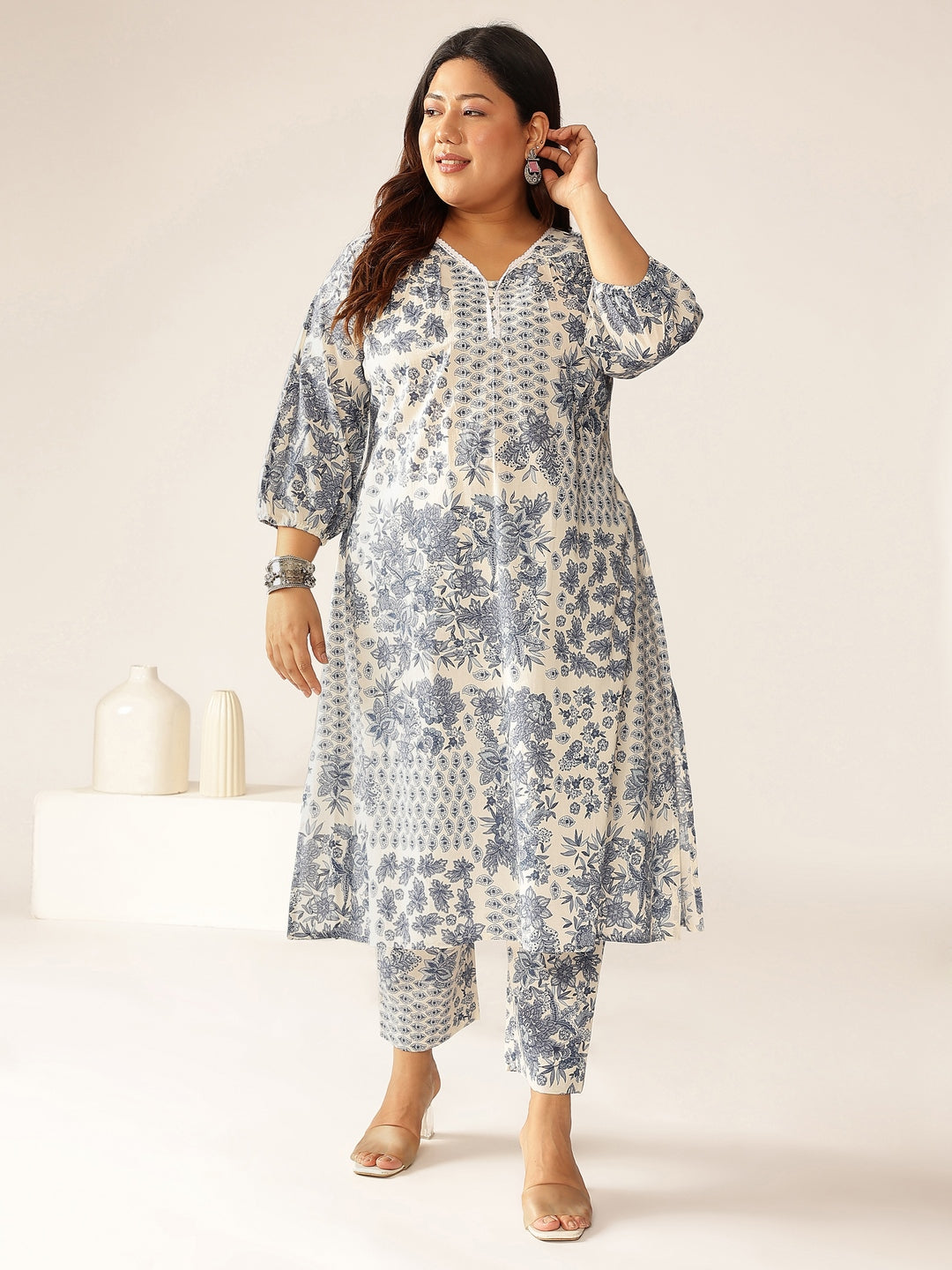 Janasya Light Cotton Floral A-Line Kurta Set
