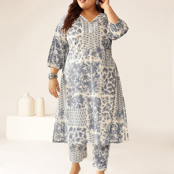 Janasya Light Cotton Floral A-Line Kurta Set