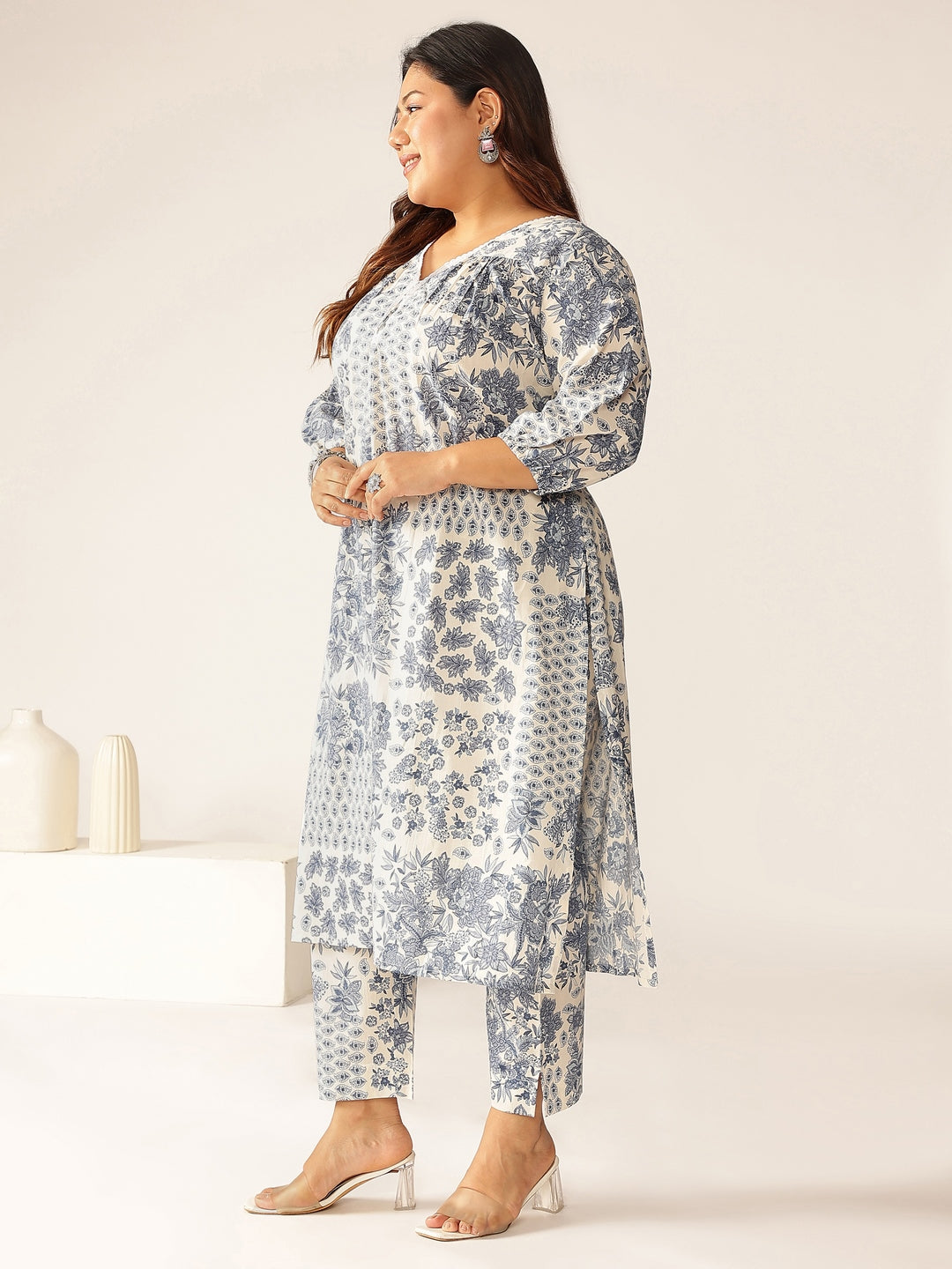 Janasya Light Cotton Floral A-Line Kurta Set