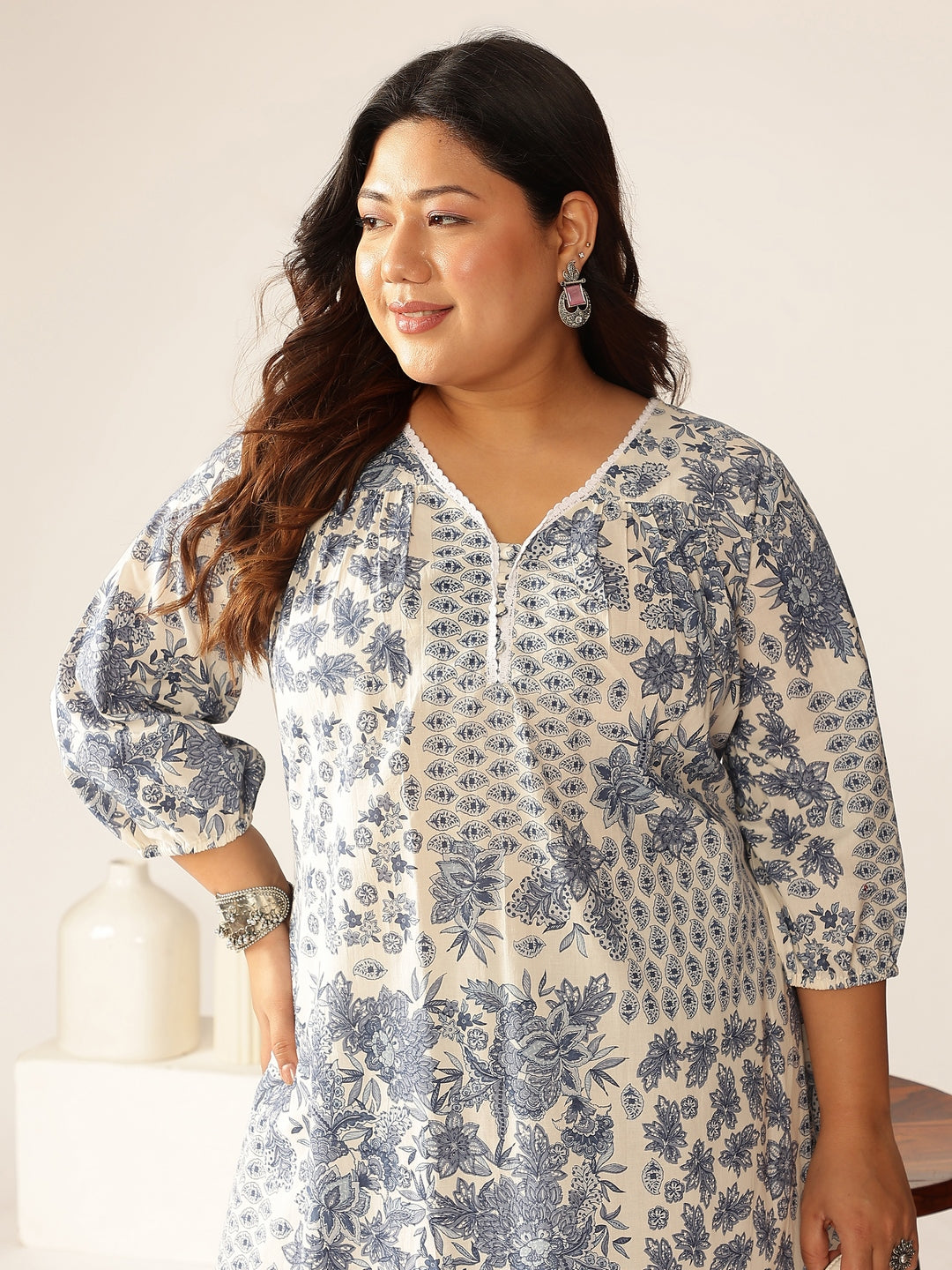 Janasya Light Cotton Floral A-Line Kurta Set