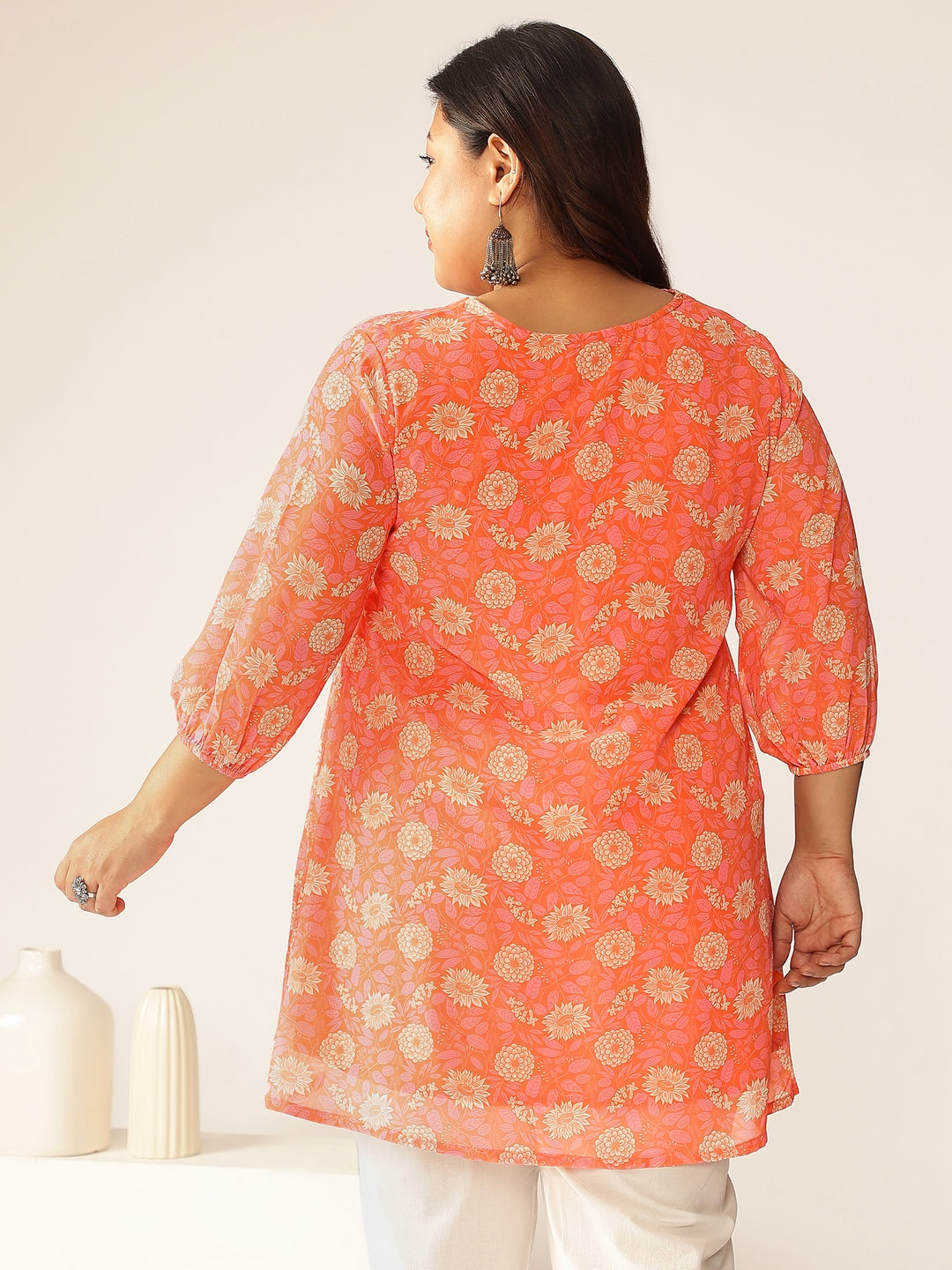 Janasya Bright Georgette Floral A-Line Tunic